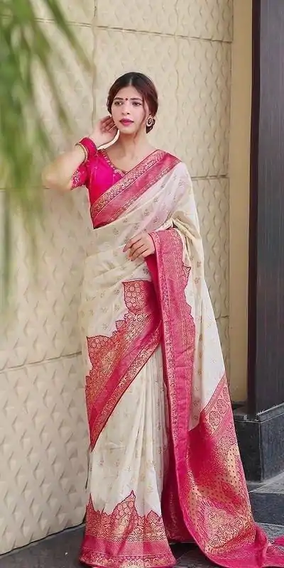 KP 4095 Half White Color Soft Lichi Silk Jacquard Work On All Over Saree Casual, Wedding, Festive, Events . Expected Delivery  4-6 Working Days @1499/- only                                                                                                                                             | Bollywood Sarees, Creative Sarees, Designer Sarees, Embroidered Sarees, Ethnic Saree, Modern Digital sarees, Party Wear Sarees, Sarees