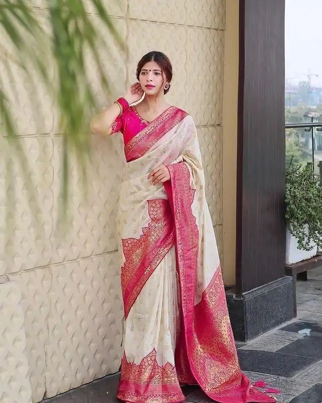 KP 4095 Half White Color Soft Lichi Silk Jacquard Work On All Over Saree Casual, Wedding, Festive, Events . Expected Delivery  4-6 Working Days @1499/- only                                                                                                                                             | Bollywood Sarees, Creative Sarees, Designer Sarees, Embroidered Sarees, Ethnic Saree, Modern Digital sarees, Party Wear Sarees, Sarees