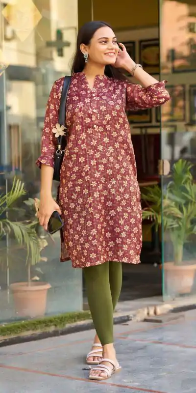 INLI Rashmika Marron Color Simmer Silk Office Wear Printed Kurti Casual, Wedding, Party, Festive, Events Etc. Expected Delivery 4-6 Working Days @1399/- | Bollywood Kurti, Creative Kurtis, Designer Kurti, Kurti, Party Wear Kurti, Selfie Kurti