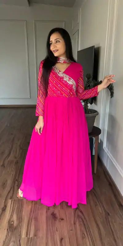 Ram 058 Pink Color Bandhej With Fox Georgette 3mm Sequence Embroidery Work Anarkali Gown Wedding Party, Festive, Events Etc.4-6 Working Days@1899/- only | Bollywood Gowns, Creative Gowns, Designer Gowns, Embroidered Gowns, Gowns, Party Wear Gowns, Straight Suits