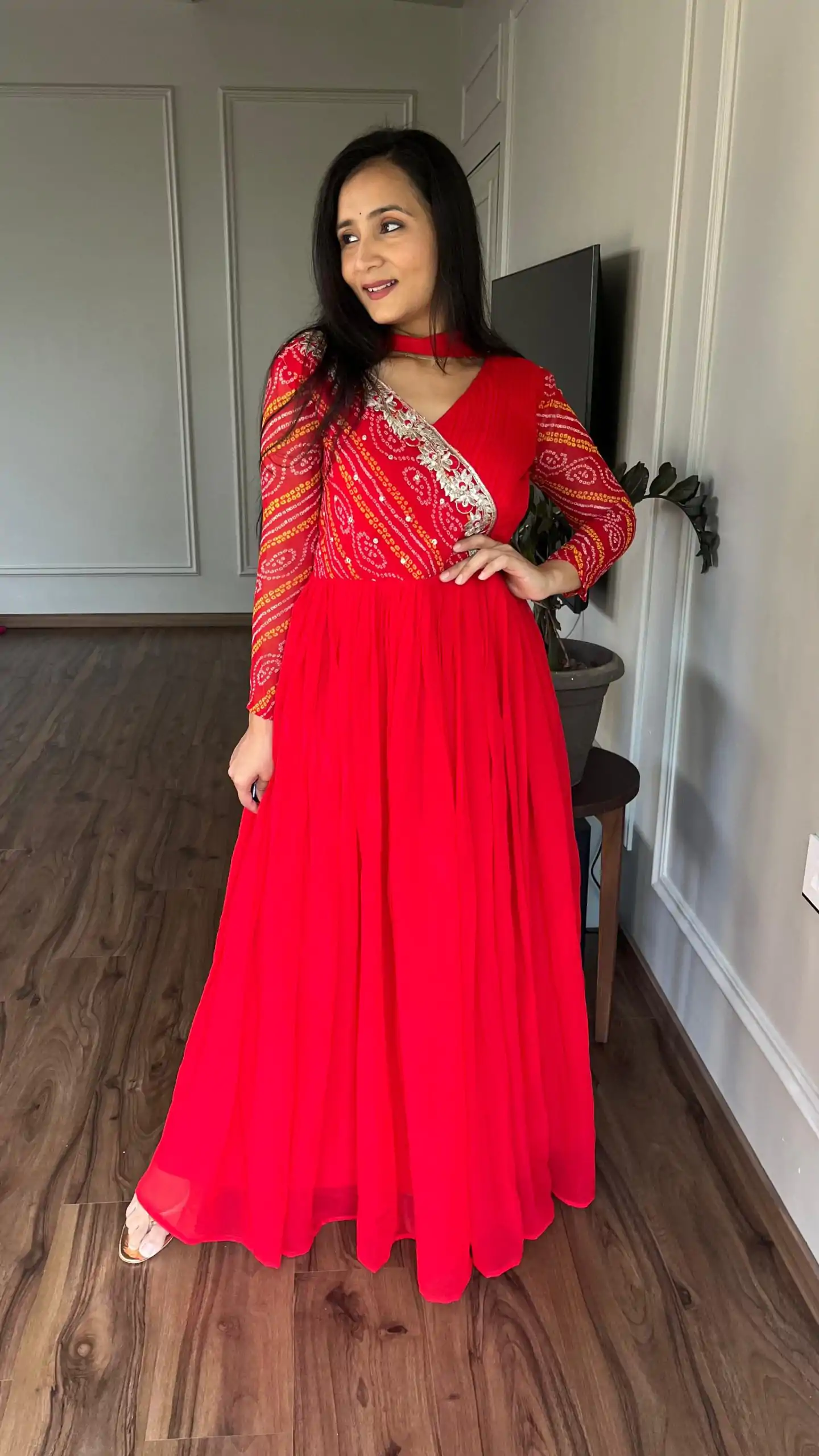 Ram 058 Red Color Bandhej With Fox Georgette 3mm Sequence Embroidery Work Anarkali Gown Wedding Party, Festive, Events Etc.4-6 Working Days@1899/- only | Bollywood Gowns, Creative Gowns, Designer Gowns, Embroidered Gowns, Gowns, Party Wear Gowns, Straight Suits