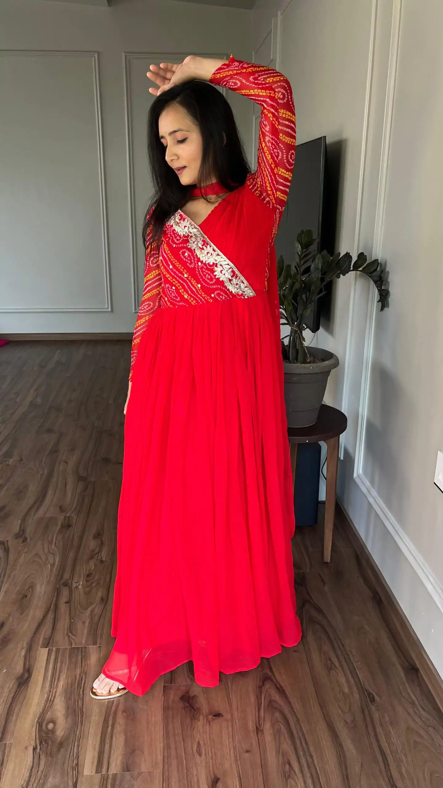 Ram 058 Red Color Bandhej With Fox Georgette 3mm Sequence Embroidery Work Anarkali Gown Wedding Party, Festive, Events Etc.4-6 Working Days@1899/- only | Bollywood Gowns, Creative Gowns, Designer Gowns, Embroidered Gowns, Gowns, Party Wear Gowns, Straight Suits