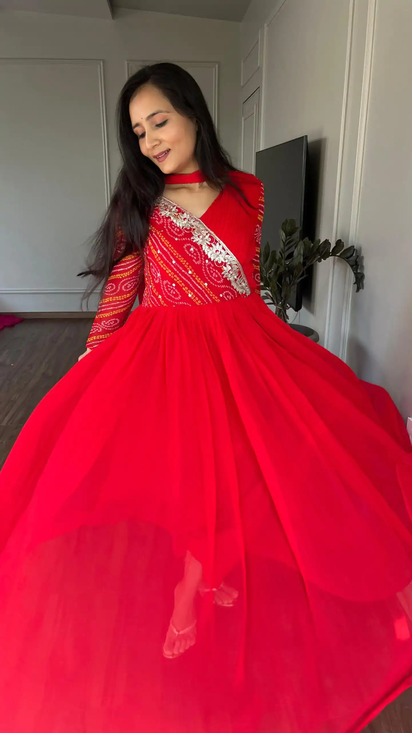 Ram 058 Red Color Bandhej With Fox Georgette 3mm Sequence Embroidery Work Anarkali Gown Wedding Party, Festive, Events Etc.4-6 Working Days@1899/- only | Bollywood Gowns, Creative Gowns, Designer Gowns, Embroidered Gowns, Gowns, Party Wear Gowns, Straight Suits