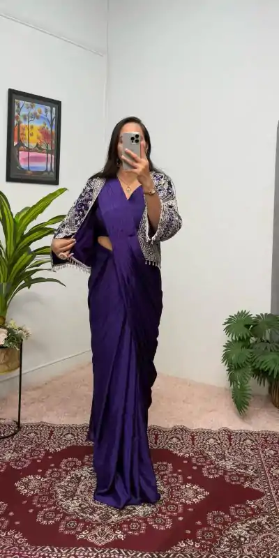 ST 1086 Purple Color Chinnon With Fully Embroidery Koti Ready To Wear Saree Wedding Party, Festive, Events Etc.4-6 Working Days@2049/- only | Bollywood Sarees, Creative Sarees, Designer Sarees, Embroidered Sarees, Ethnic Saree, Modern Digital sarees, Party Wear Sarees, Sarees
