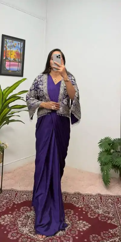 ST 1086 Purple Color Chinnon With Fully Embroidery Koti Ready To Wear Saree Wedding Party, Festive, Events Etc.4-6 Working Days@2049/- only | Bollywood Sarees, Creative Sarees, Designer Sarees, Embroidered Sarees, Ethnic Saree, Modern Digital sarees, Party Wear Sarees, Sarees
