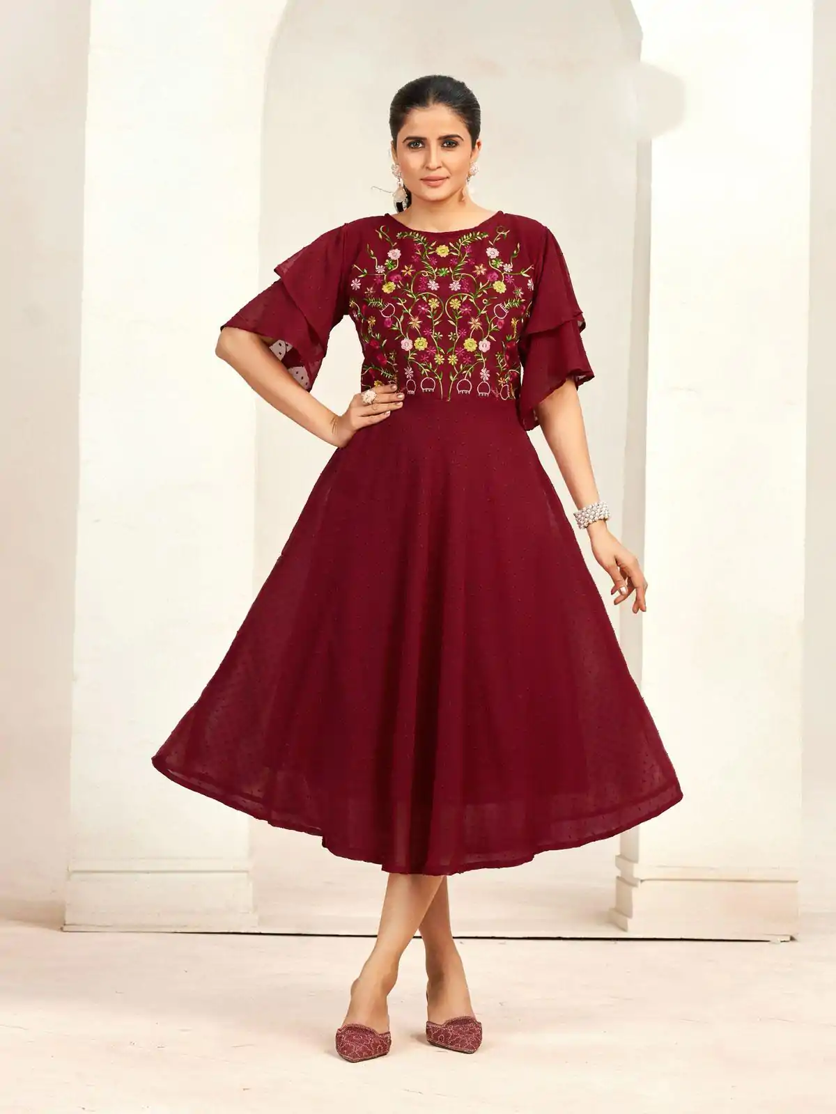 INLI Sensations Maroon Color Georgette Butti Embroidery Thread Work Gown , Wedding, Party, Festive, Events Etc. Expected Delivery 4-6 Working Days @1549/ | Bollywood Gowns, Creative Gowns, Designer Gowns, Embroidered Gowns, Gowns, Party Wear Gowns