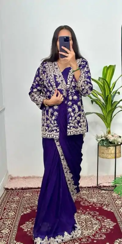 ST 1054 Royal blue Color Chinon Work On Koti With Lace Border Saree Casual, Wedding, Festive, Events . Expected Delivery  4-6 Working Days @2199/- only                                                                                                                                           | Bollywood Sarees, Creative Sarees, Designer Sarees, Embroidered Sarees, Ethnic Saree, Modern Digital sarees, Party Wear Sarees, Sarees