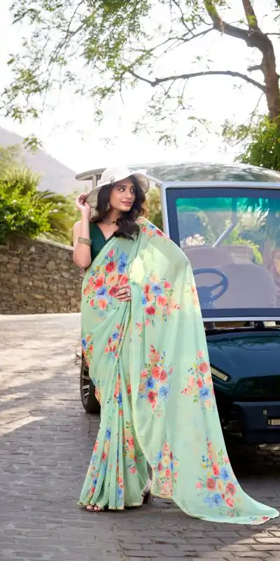 YNF 7041 Light Pista Color Weightless Marble Floral Printed Saree Casual, Wedding, Festive, Events . Expected Delivery  4-6 Working Days @1549/- only                                                                                                                                           | Bollywood Sarees, Creative Sarees, Designer Sarees, Embroidered Sarees, Ethnic Saree, Modern Digital sarees, Party Wear Sarees, Sarees