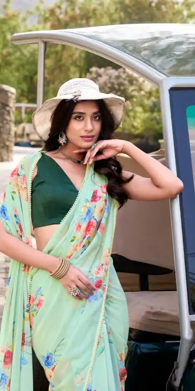 YNF 7041 Light Pista Color Weightless Marble Floral Printed Saree Casual, Wedding, Festive, Events . Expected Delivery  4-6 Working Days @1549/- only                                                                                                                                           | Bollywood Sarees, Creative Sarees, Designer Sarees, Embroidered Sarees, Ethnic Saree, Modern Digital sarees, Party Wear Sarees, Sarees