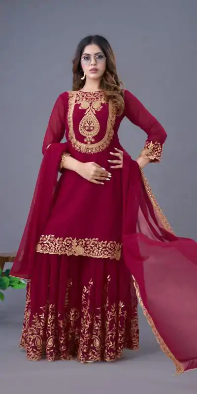 SRK 5242 Red Faux Georgette Embroidery Sequence Work Salwar Suit  Casual, Wedding, Party, Festive, Events Etc.4-6 Working Days@ 2099/-only | Jump Suits, Casual Suits, Creative suits, Designer Suits, Palazzo Suits, Party Wear Suits, Patiala Suits, Salwar suit, Straight Suits