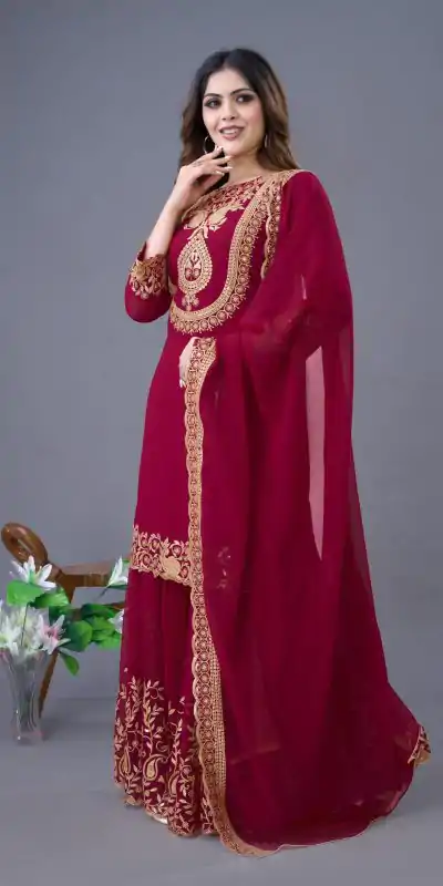 SRK 5242 Red Faux Georgette Embroidery Sequence Work Salwar Suit  Casual, Wedding, Party, Festive, Events Etc.4-6 Working Days@ 2099/-only | Jump Suits, Casual Suits, Creative suits, Designer Suits, Palazzo Suits, Party Wear Suits, Patiala Suits, Salwar suit, Straight Suits