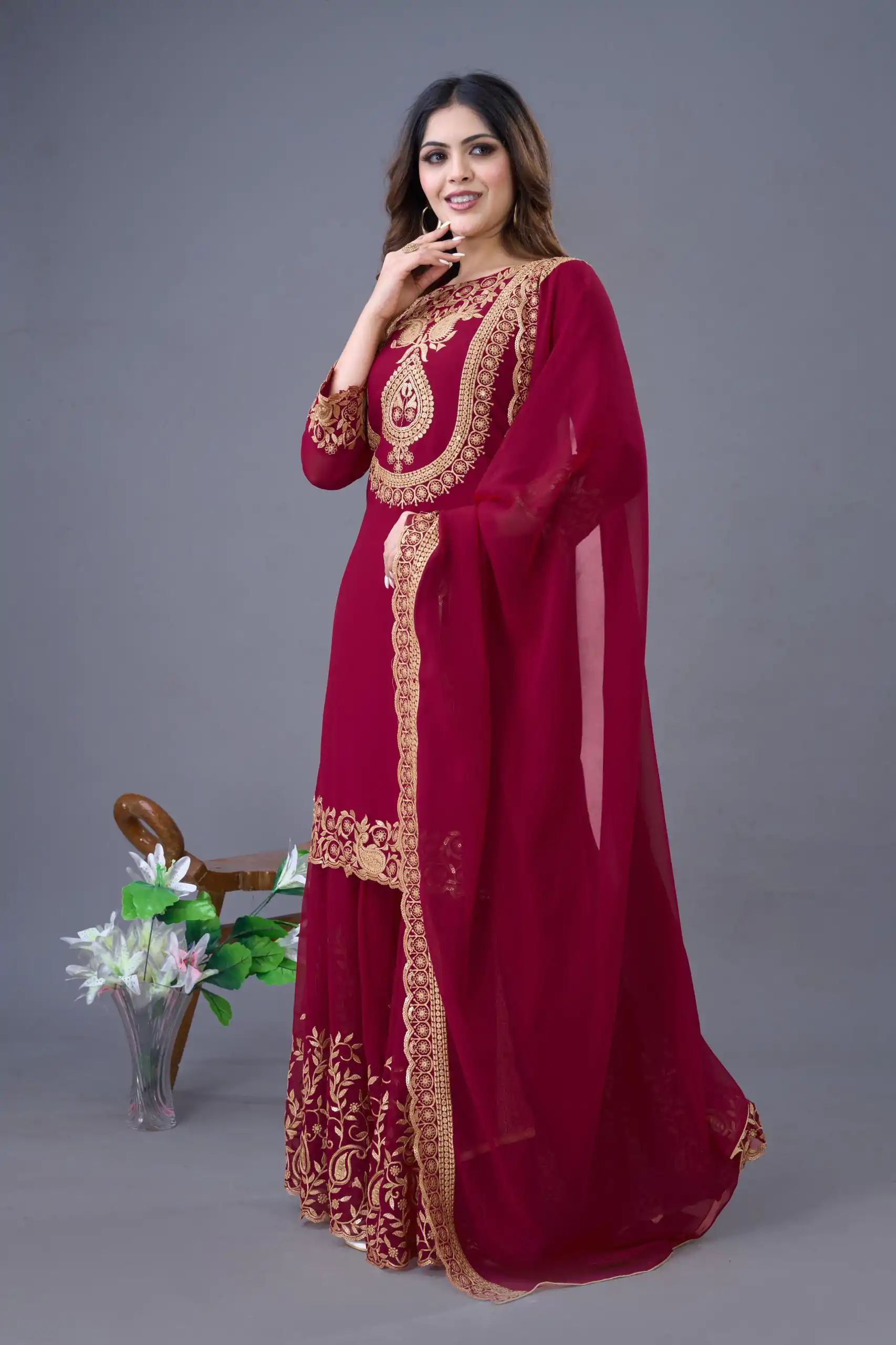 SRK 5242 Red Faux Georgette Embroidery Sequence Work Salwar Suit  Casual, Wedding, Party, Festive, Events Etc.4-6 Working Days@ 2099/-only | Jump Suits, Casual Suits, Creative suits, Designer Suits, Palazzo Suits, Party Wear Suits, Patiala Suits, Salwar suit, Straight Suits