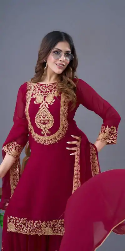 SRK 5242 Red Faux Georgette Embroidery Sequence Work Salwar Suit  Casual, Wedding, Party, Festive, Events Etc.4-6 Working Days@ 2099/-only | Jump Suits, Casual Suits, Creative suits, Designer Suits, Palazzo Suits, Party Wear Suits, Patiala Suits, Salwar suit, Straight Suits