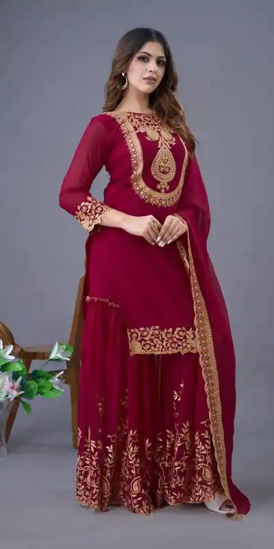 SRK 5242 Red Faux Georgette Embroidery Sequence Work Salwar Suit  Casual, Wedding, Party, Festive, Events Etc.4-6 Working Days@ 2099/-only | Jump Suits, Casual Suits, Creative suits, Designer Suits, Palazzo Suits, Party Wear Suits, Patiala Suits, Salwar suit, Straight Suits