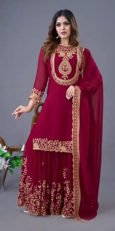 SRK 5242 Red Faux Georgette Embroidery Sequence Work Salwar Suit  Casual, Wedding, Party, Festive, Events Etc.4-6 Working Days@ 2099/-only | Jump Suits, Casual Suits, Creative suits, Designer Suits, Palazzo Suits, Party Wear Suits, Patiala Suits, Salwar suit, Straight Suits