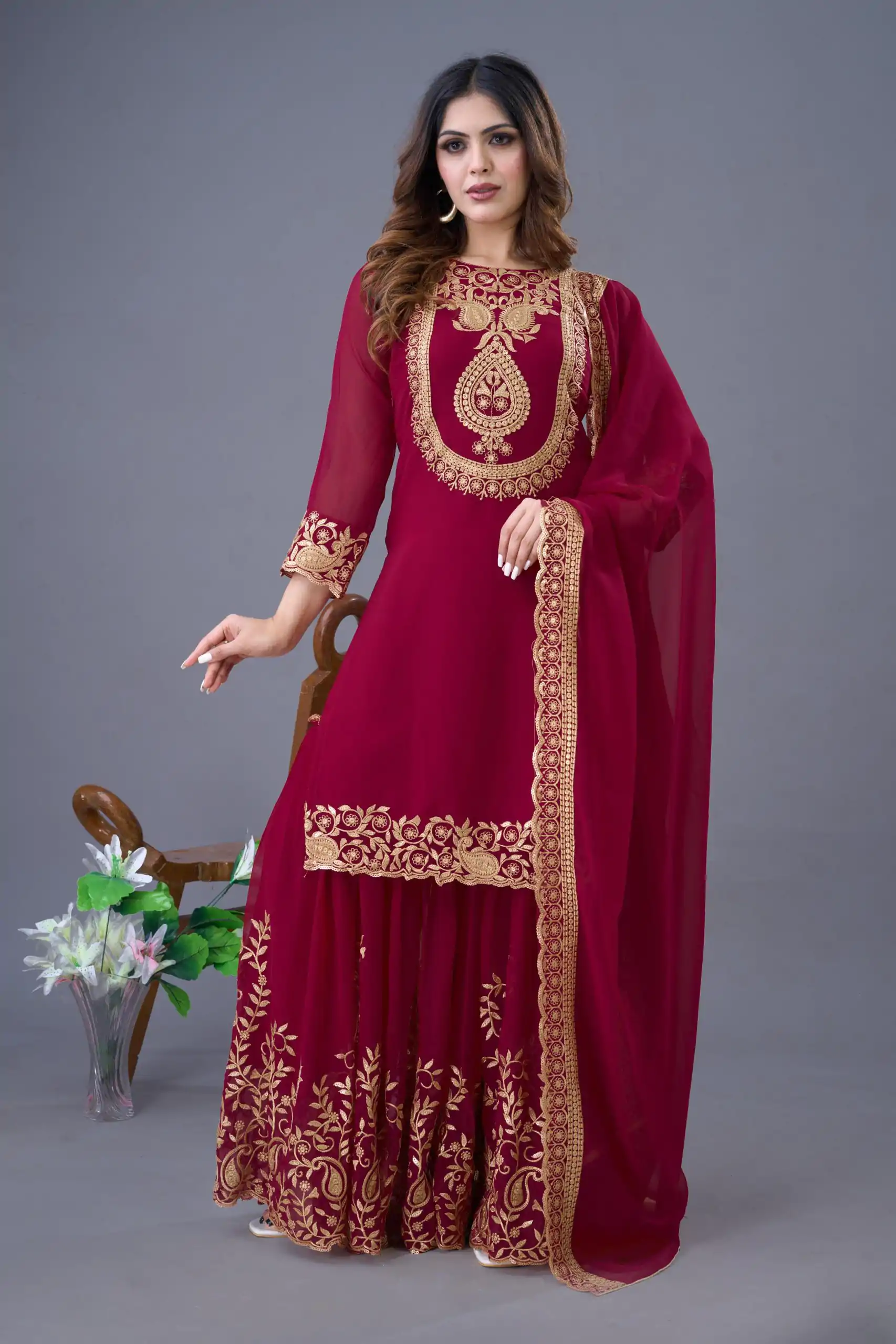 SRK 5242 Red Faux Georgette Embroidery Sequence Work Salwar Suit  Casual, Wedding, Party, Festive, Events Etc.4-6 Working Days@ 2099/-only | Jump Suits, Casual Suits, Creative suits, Designer Suits, Palazzo Suits, Party Wear Suits, Patiala Suits, Salwar suit, Straight Suits
