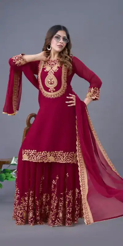 SRK 5242 Red Faux Georgette Embroidery Sequence Work Salwar Suit  Casual, Wedding, Party, Festive, Events Etc.4-6 Working Days@ 2099/-only | Jump Suits, Casual Suits, Creative suits, Designer Suits, Palazzo Suits, Party Wear Suits, Patiala Suits, Salwar suit, Straight Suits