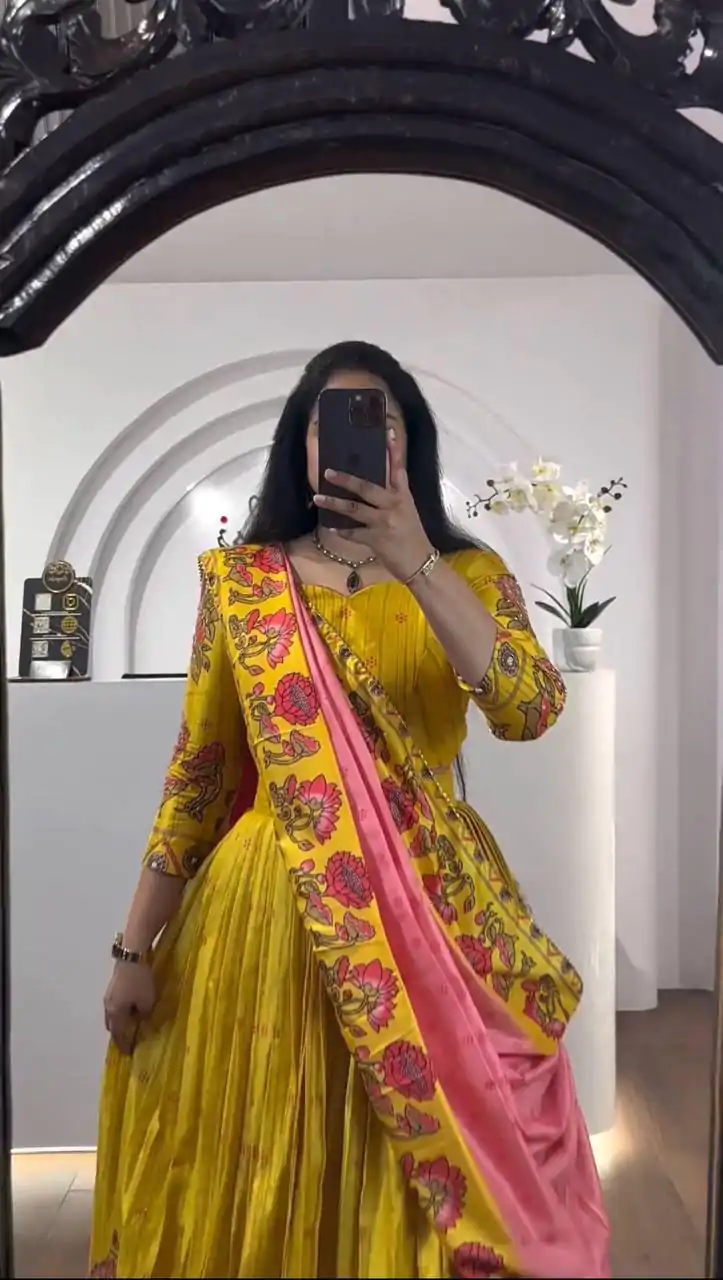 PC 321 Yellow Color  Chant Crepe Kalamkari Print Lehenga Choli Casual, Wedding, Festival, Events, Expected, Delivery 4-5 Working Days @1799 | Bollywood Lehenga, Creative Lehenga, Designer Lehenga, Embroidered Lehenga, Lehenga, Party Wear Lehenga