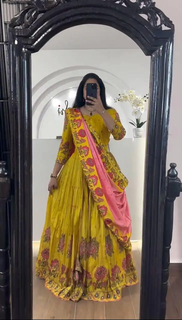 PC 321 Yellow Color  Chant Crepe Kalamkari Print Lehenga Choli Casual, Wedding, Festival, Events, Expected, Delivery 4-5 Working Days @1799 | Bollywood Lehenga, Creative Lehenga, Designer Lehenga, Embroidered Lehenga, Lehenga, Party Wear Lehenga