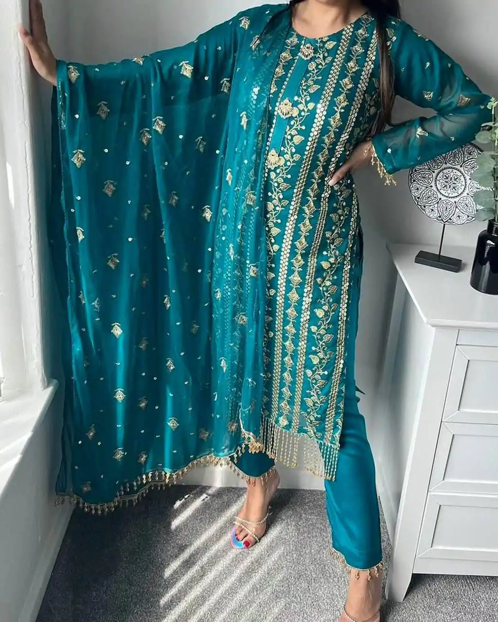 ND 5001 Blue Color Chinon Silk With Embroidery Work Salwar Suit Casual, Wedding, Party, Festive, Events Etc.4-6 Working Days@ 1899/-only | Jump Suits, Casual Suits, Creative suits, Designer Suits, Palazzo Suits, Party Wear Suits, Patiala Suits, Salwar suit, Straight Suits