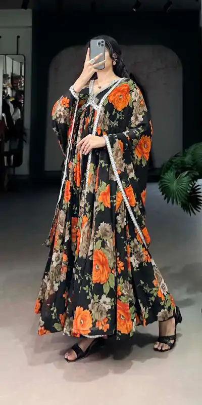 YNF 5040 Orange Color Georgette Floral Printed Paper Mirror Lace Gown , Wedding, Party, Festive, Events Etc. Expected Delivery 4-6 Working Days @1899/- | Bollywood Gowns, Creative Gowns, Designer Gowns, Embroidered Gowns, Gowns, Party Wear Gowns
