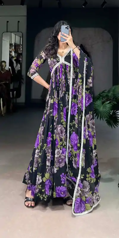 YNF 5040 Purple Color Georgette Floral Printed Paper Mirror Lace Gown , Wedding, Party, Festive, Events Etc. Expected Delivery 4-6 Working Days @1899/- | Bollywood Gowns, Creative Gowns, Designer Gowns, Embroidered Gowns, Gowns, Party Wear Gowns