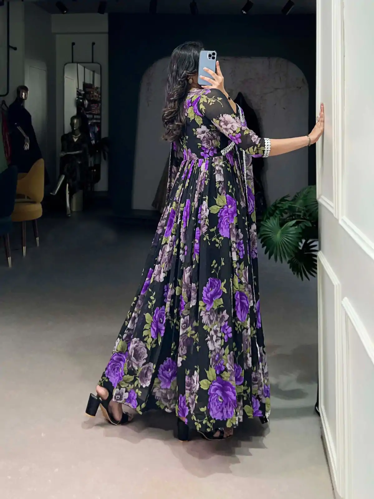 YNF 5040 Purple Color Georgette Floral Printed Paper Mirror Lace Gown , Wedding, Party, Festive, Events Etc. Expected Delivery 4-6 Working Days @1899/- | Bollywood Gowns, Creative Gowns, Designer Gowns, Embroidered Gowns, Gowns, Party Wear Gowns
