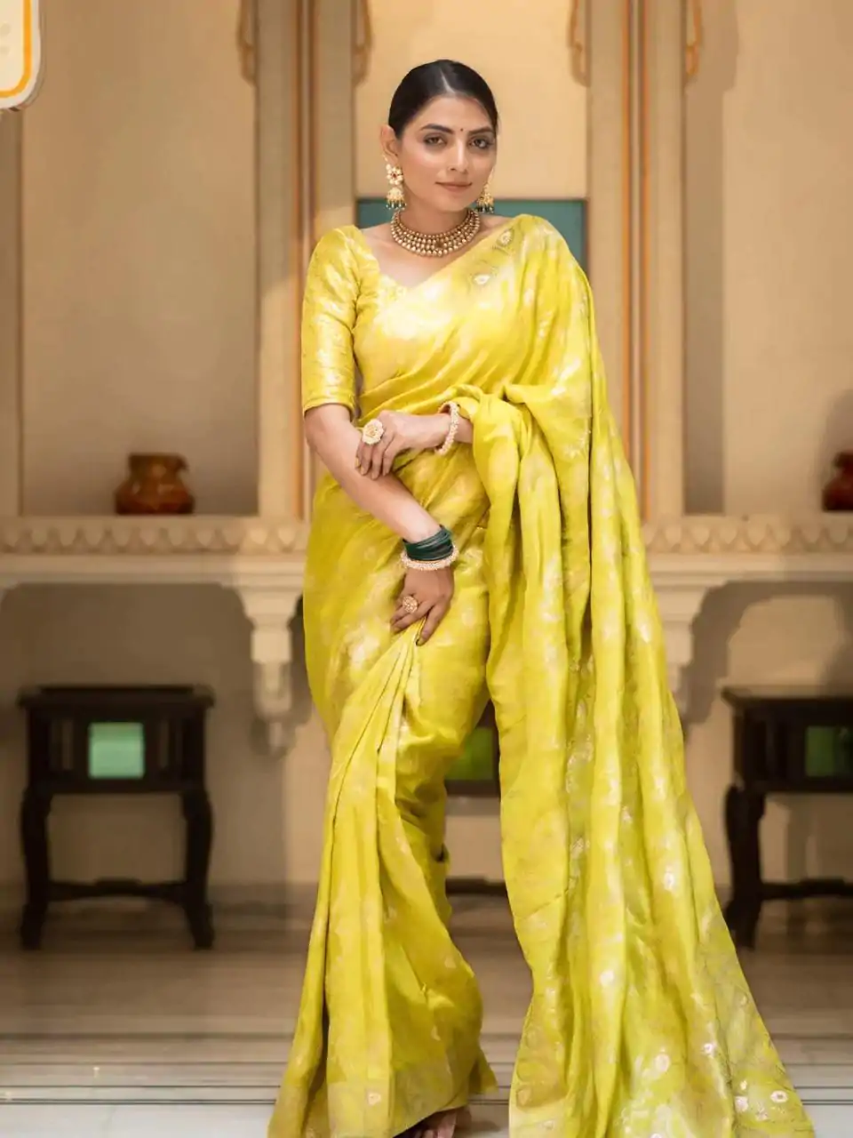 MB 494 Lemon Yellow Color Soft Litchi Silk All Over Weaving Saree Casual, Wedding, Festive, Events . Expected Delivery  4-6 Working Days @1199/- only                                                                                                                                             | Bollywood Sarees, Creative Sarees, Designer Sarees, Embroidered Sarees, Ethnic Saree, Modern Digital sarees, Party Wear Sarees, Sarees