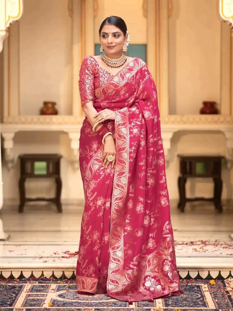 MB 494 Rani Pink Color Soft Litchi Silk All Over Weaving Saree Casual, Wedding, Festive, Events . Expected Delivery  4-6 Working Days @1199/- only                                                                                                                                             | Bollywood Sarees, Creative Sarees, Designer Sarees, Embroidered Sarees, Ethnic Saree, Modern Digital sarees, Party Wear Sarees, Sarees