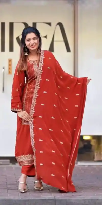 VLM 268 Red Color Georgette With Embroidery Work Salwar Suit Casual, Wedding, Festive, Events . Expected Delivery  4-6 Working Days @2099/- only      | Jump Suits, Casual Suits, Creative suits, Designer Suits, Palazzo Suits, Party Wear Suits, Patiala Suits, Salwar suit, Straight Suits