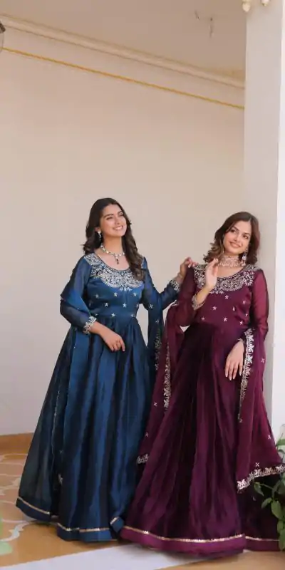Ram 092 Blue Color Burberry Silk Sequence Work Readmit Less Gown Casual, Wedding, Festive, Events . Expected Delivery  4-6 Working Days @2149/- only      | Bollywood Gowns, Creative Gowns, Designer Gowns, Embroidered Gowns, Gowns, Party Wear Gowns