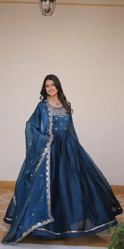 Ram 092 Blue Color Burberry Silk Sequence Work Readmit Less Gown Casual, Wedding, Festive, Events . Expected Delivery  4-6 Working Days @2149/- only      | Bollywood Gowns, Creative Gowns, Designer Gowns, Embroidered Gowns, Gowns, Party Wear Gowns