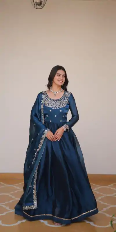 Ram 092 Blue Color Burberry Silk Sequence Work Readmit Less Gown Casual, Wedding, Festive, Events . Expected Delivery  4-6 Working Days @2149/- only      | Bollywood Gowns, Creative Gowns, Designer Gowns, Embroidered Gowns, Gowns, Party Wear Gowns