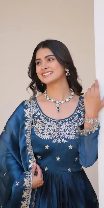 Ram 092 Blue Color Burberry Silk Sequence Work Readmit Less Gown Casual, Wedding, Festive, Events . Expected Delivery  4-6 Working Days @2149/- only      | Bollywood Gowns, Creative Gowns, Designer Gowns, Embroidered Gowns, Gowns, Party Wear Gowns