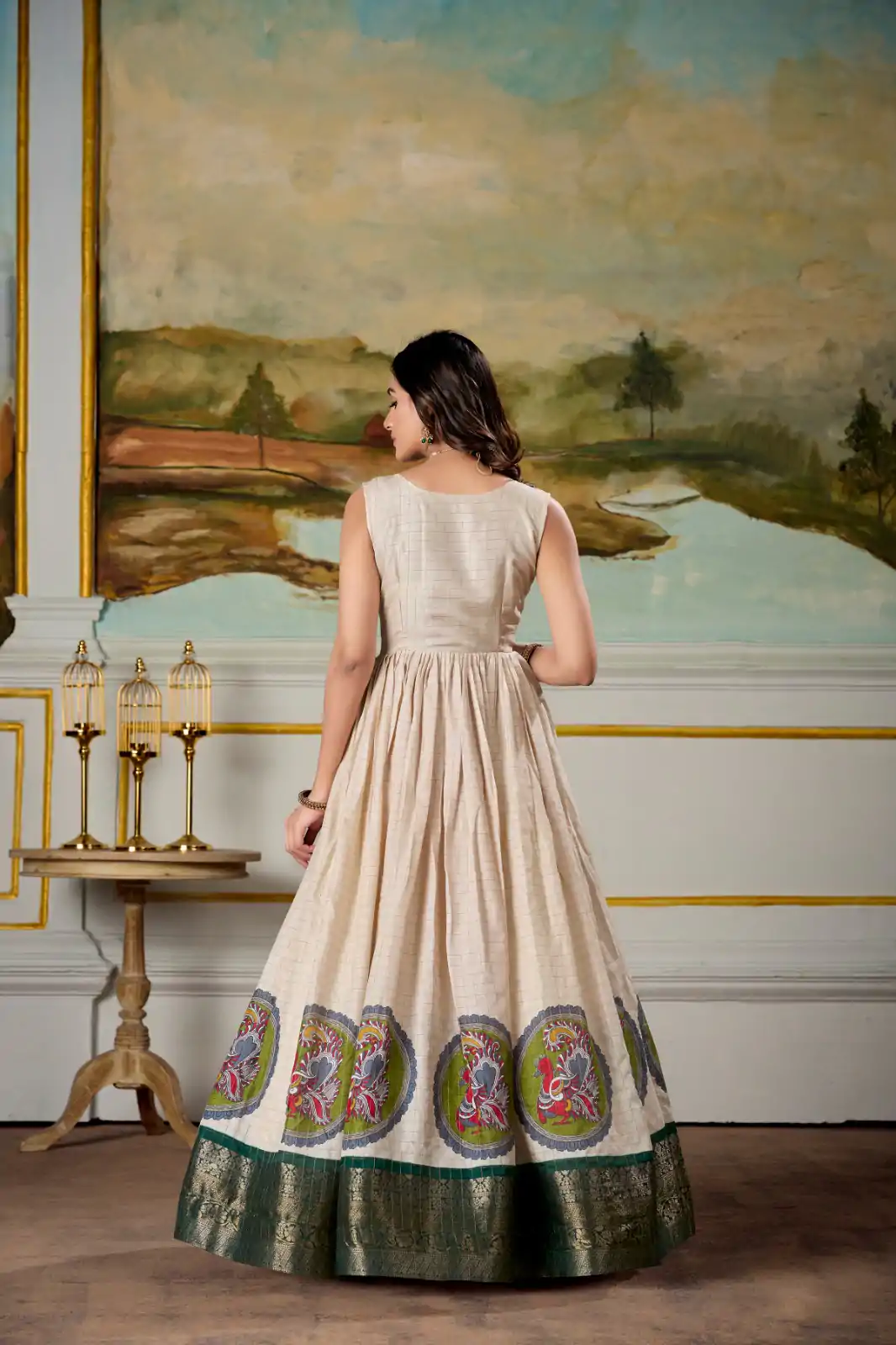 YNF 5310 Green Color Dola Silk Kalamkari Print Zari Weaving Broder Gown Casual, Wedding, Party, Festive, Events Etc.4-6 Working Days@ 1749/-only | Bollywood Gowns, Creative Gowns, Designer Gowns, Embroidered Gowns, Gowns, Party Wear Gowns