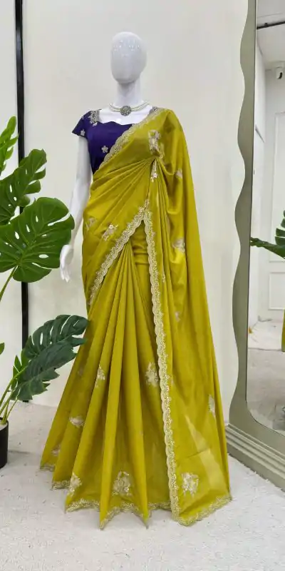 KD 576 Mustard Yellow Color Tesla Chiffon Work Thread Work Saree Casual, Wedding, Festive, Events . Expected Delivery  4-6 Working Days @1749/- only                                                                                                                                           | Bollywood Sarees, Creative Sarees, Designer Sarees, Embroidered Sarees, Ethnic Saree, Modern Digital sarees, Party Wear Sarees, Sarees