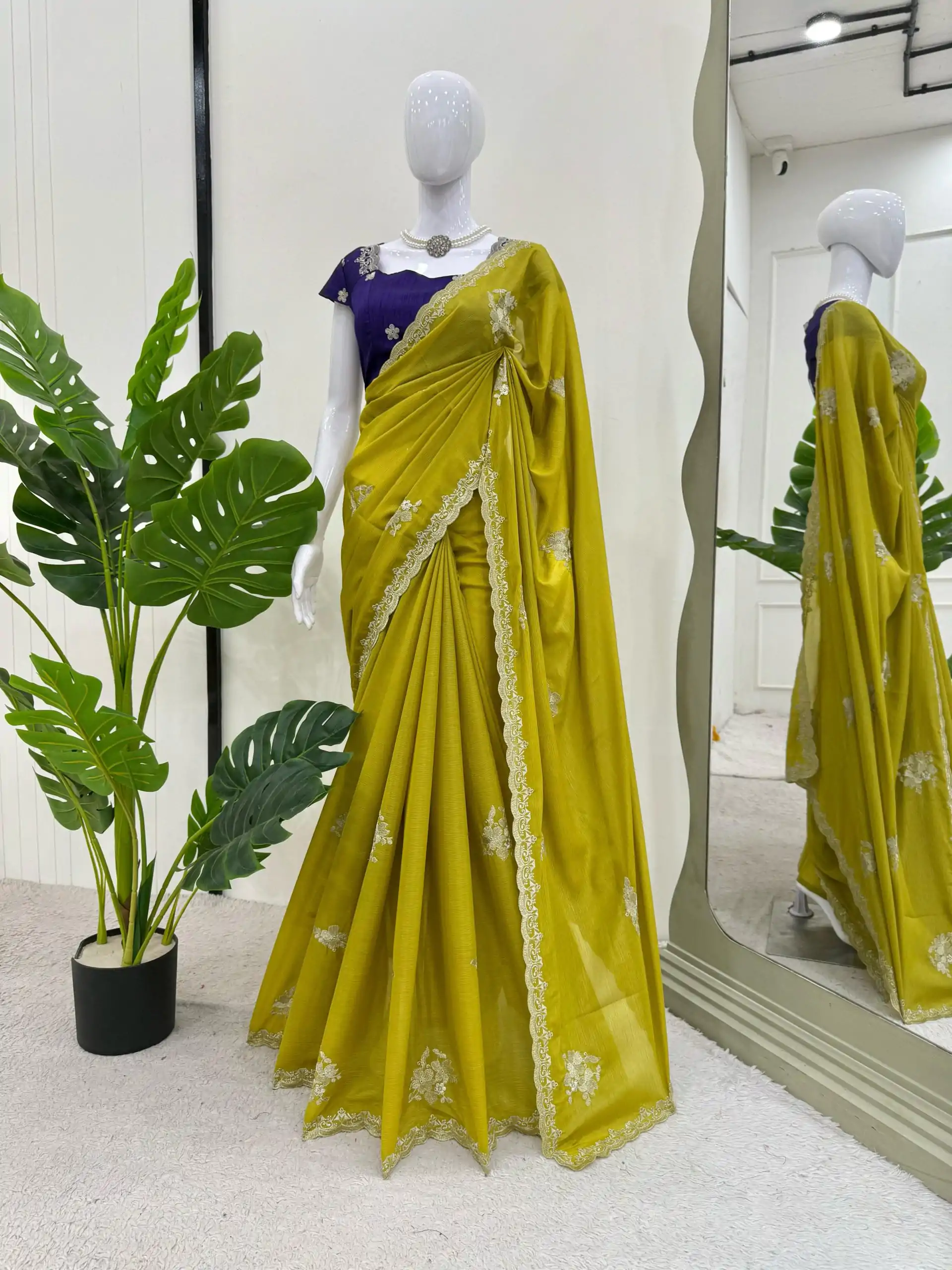 KD 576 Mustard Yellow Color Tesla Chiffon Work Thread Work Saree Casual, Wedding, Festive, Events . Expected Delivery  4-6 Working Days @1749/- only                                                                                                                                           | Bollywood Sarees, Creative Sarees, Designer Sarees, Embroidered Sarees, Ethnic Saree, Modern Digital sarees, Party Wear Sarees, Sarees