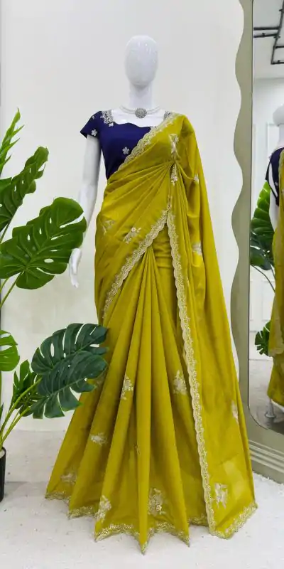 KD 576 Mustard Yellow Color Tesla Chiffon Work Thread Work Saree Casual, Wedding, Festive, Events . Expected Delivery  4-6 Working Days @1749/- only                                                                                                                                           | Bollywood Sarees, Creative Sarees, Designer Sarees, Embroidered Sarees, Ethnic Saree, Modern Digital sarees, Party Wear Sarees, Sarees