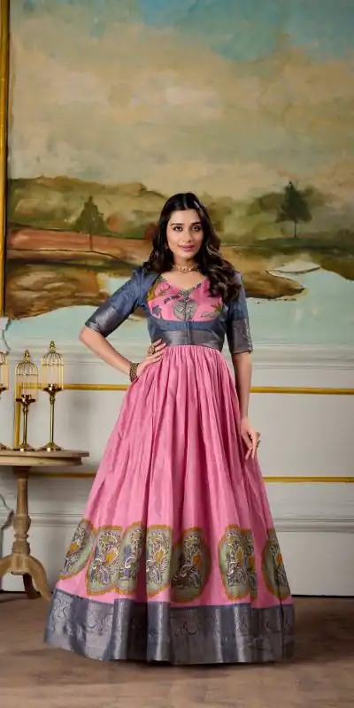 YNF 5310 Pink Color Dola Silk Kalamkari Print Zari Weaving Broder Gown Casual, Wedding, Party, Festive, Events Etc.4-6 Working Days@ 1749/-only | Bollywood Gowns, Creative Gowns, Designer Gowns, Embroidered Gowns, Gowns, Party Wear Gowns