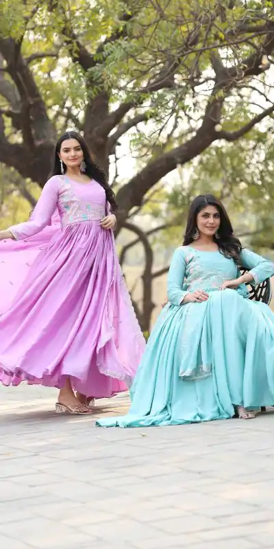 Ram 093 Rama Color Chinon Sequence With Thread Work Gown Casual, Wedding, Party, Festive, Events Etc.4-6 Working Days@ 2049/-only | Bollywood Gowns, Creative Gowns, Designer Gowns, Embroidered Gowns, Gowns, Party Wear Gowns