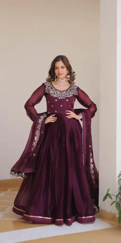 Ram 092 Wine Color Burberry Silk Sequence Work Readmit Less Gown Casual, Wedding, Festive, Events . Expected Delivery  4-6 Working Days @2149/- only      | Bollywood Gowns, Creative Gowns, Designer Gowns, Embroidered Gowns, Gowns, Party Wear Gowns