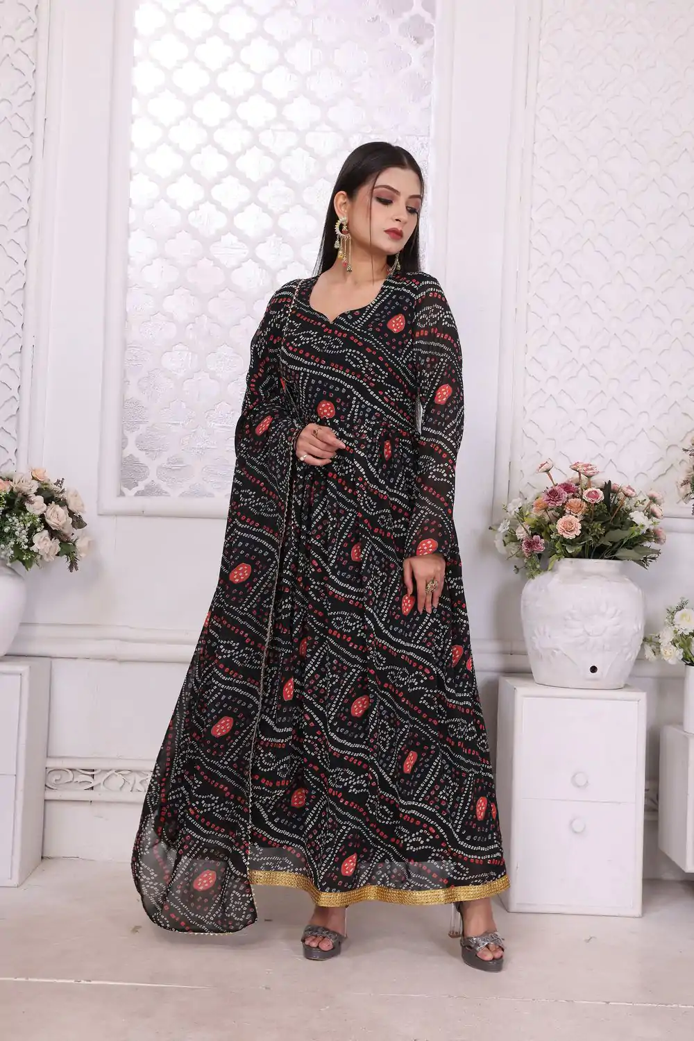 INLI Banno Swag Black Color Georgette Print With Lace Work Gown Casual, Wedding, Festive, Events . Expected Delivery  4-6 Working Days @1699/- only      | Bollywood Gowns, Creative Gowns, Designer Gowns, Embroidered Gowns, Gowns, Party Wear Gowns