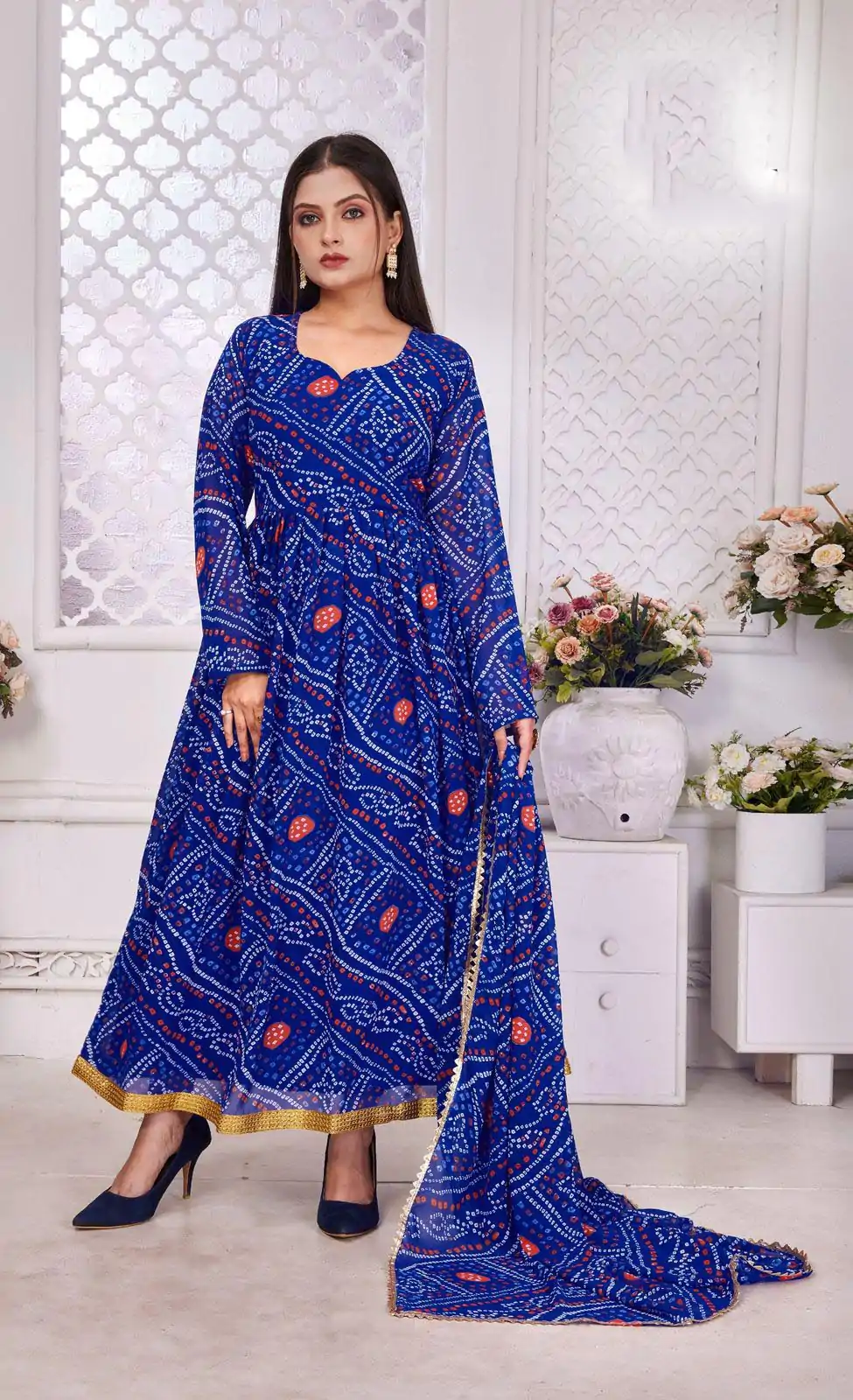 INLI Banno Swag Royal Blue Color Georgette Print With Lace Work Gown Casual, Wedding, Festive, Events . Expected Delivery  4-6 Working Days @1699/- only      | Bollywood Gowns, Creative Gowns, Designer Gowns, Embroidered Gowns, Gowns, Party Wear Gowns