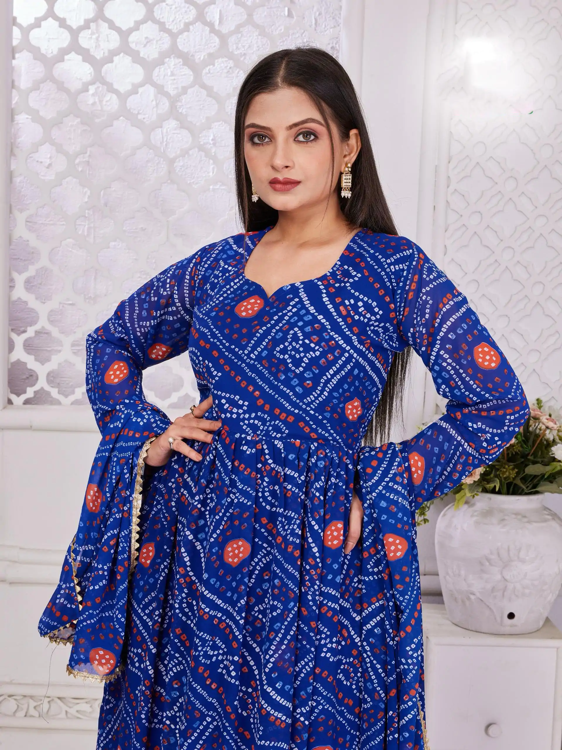 INLI Banno Swag Royal Blue Color Georgette Print With Lace Work Gown Casual, Wedding, Festive, Events . Expected Delivery  4-6 Working Days @1699/- only      | Bollywood Gowns, Creative Gowns, Designer Gowns, Embroidered Gowns, Gowns, Party Wear Gowns