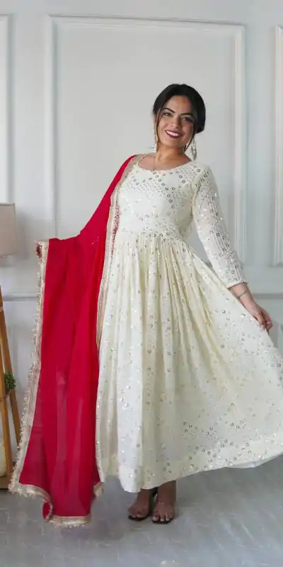 VLM 251 Half White Color Georgette Embroidery Work Gown Casual, Wedding, Party, Festive, Events Etc. Expected Delivery 4-6 Working Days @2099/- | Bollywood Gowns, Creative Gowns, Designer Gowns, Embroidered Gowns, Gowns, Party Wear Gowns