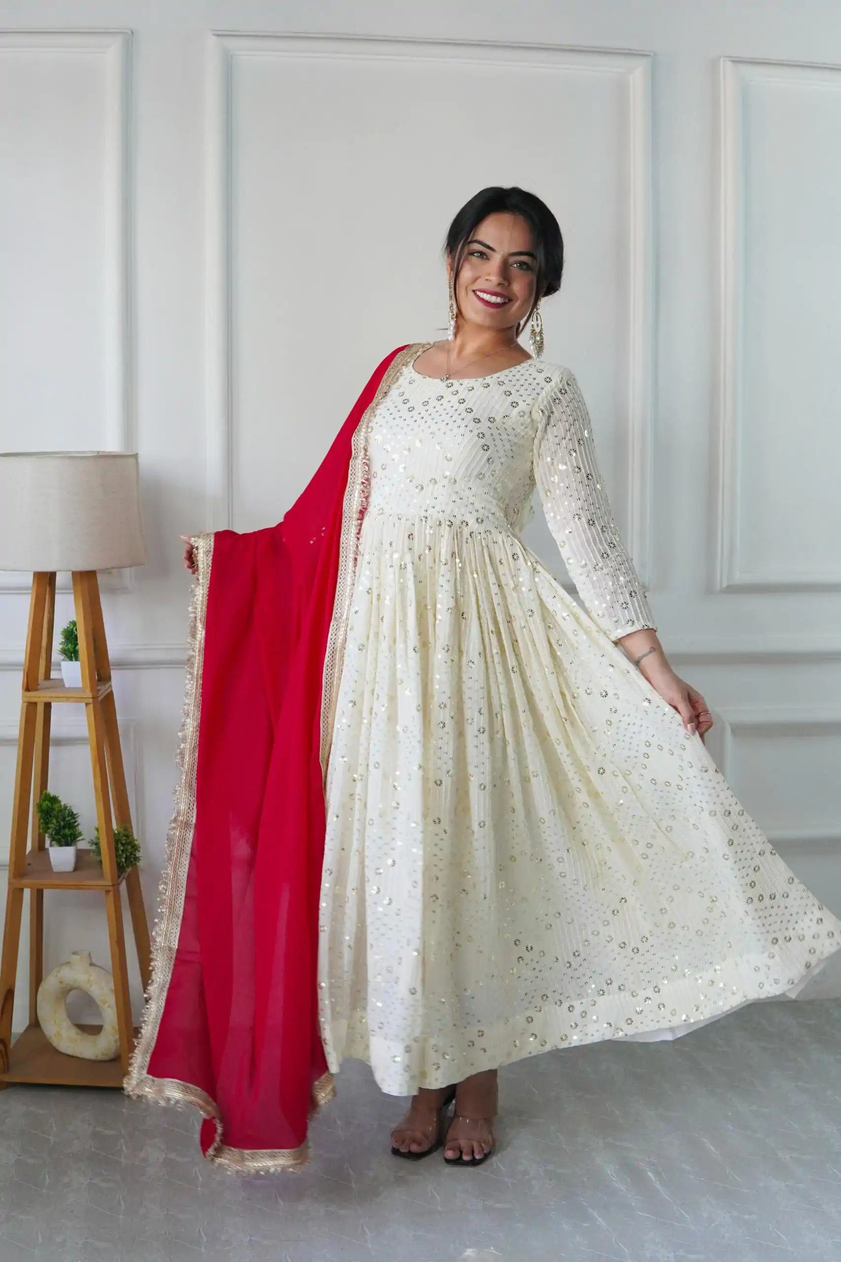 VLM 251 Half White Color Georgette Embroidery Work Gown Casual, Wedding, Party, Festive, Events Etc. Expected Delivery 4-6 Working Days @2099/- | Bollywood Gowns, Creative Gowns, Designer Gowns, Embroidered Gowns, Gowns, Party Wear Gowns
