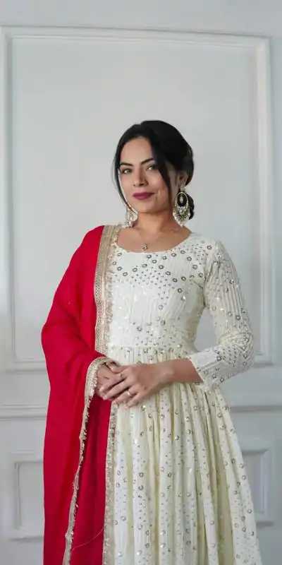 VLM 251 Half White Color Georgette Embroidery Work Gown Casual, Wedding, Party, Festive, Events Etc. Expected Delivery 4-6 Working Days @2099/- | Bollywood Gowns, Creative Gowns, Designer Gowns, Embroidered Gowns, Gowns, Party Wear Gowns