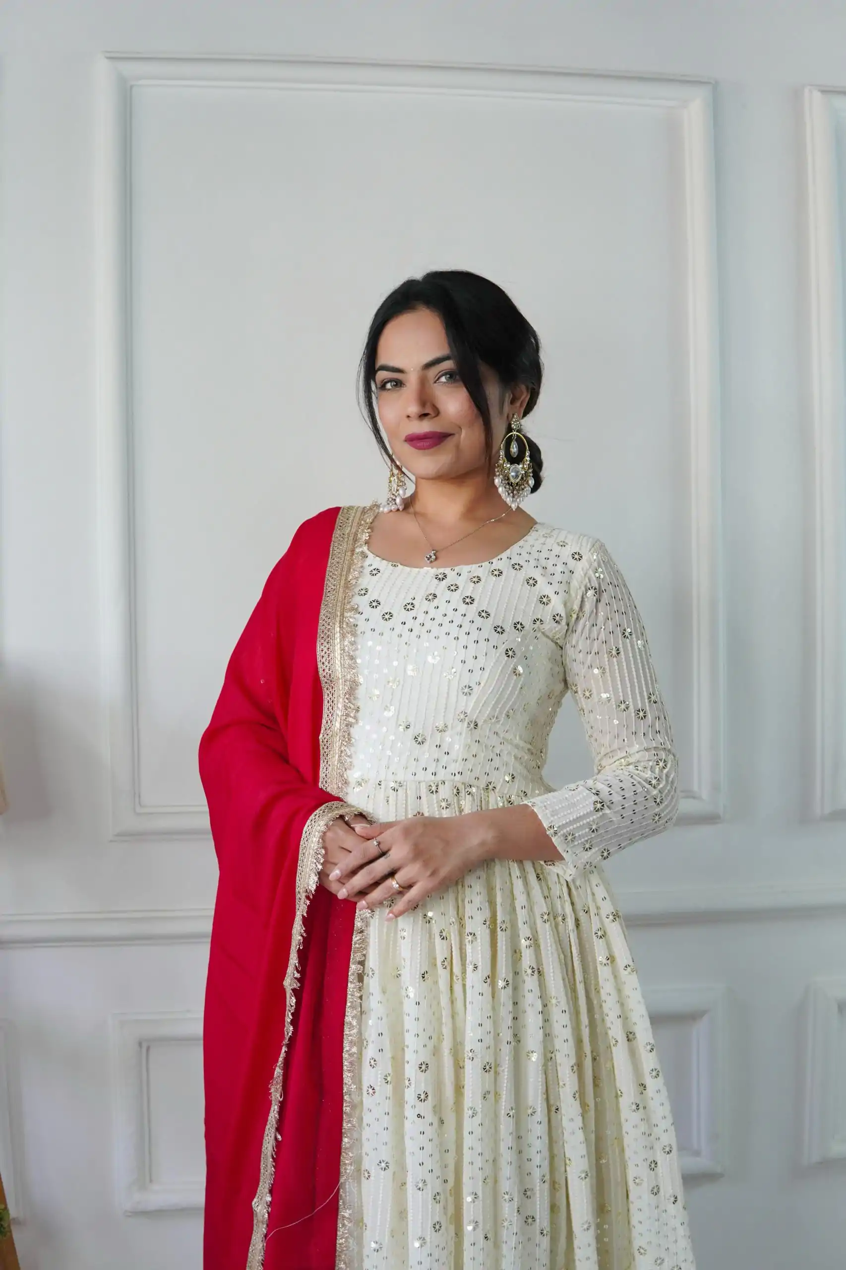 VLM 251 Half White Color Georgette Embroidery Work Gown Casual, Wedding, Party, Festive, Events Etc. Expected Delivery 4-6 Working Days @2099/- | Bollywood Gowns, Creative Gowns, Designer Gowns, Embroidered Gowns, Gowns, Party Wear Gowns