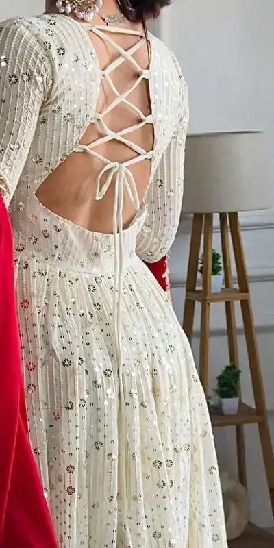 VLM 251 Half White Color Georgette Embroidery Work Gown Casual, Wedding, Party, Festive, Events Etc. Expected Delivery 4-6 Working Days @2099/- | Bollywood Gowns, Creative Gowns, Designer Gowns, Embroidered Gowns, Gowns, Party Wear Gowns