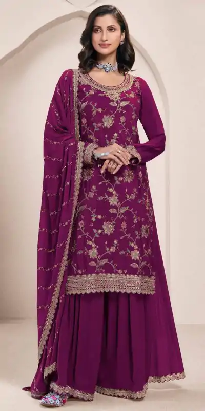 FC 73411 Wine Color Chinon Multi Work Salwar Suit Casual, Wedding, Festive, Events . Expected Delivery  4-6 Working Days @2599/- only      | Jump Suits, Casual Suits, Creative suits, Designer Suits, Palazzo Suits, Party Wear Suits, Patiala Suits, Salwar suit, Straight Suits